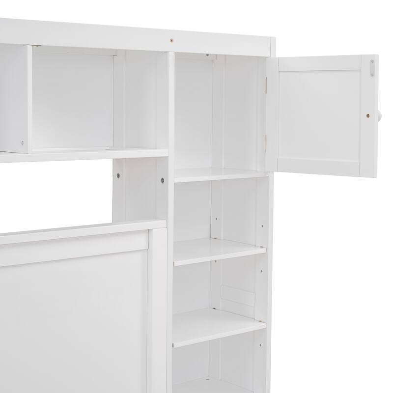 Queen Size Wooden Platform Bed with 2 Drawers, Sockets& Pull-out Trundle Bed, All-in-One Cabinet and Shelf White Headboard
