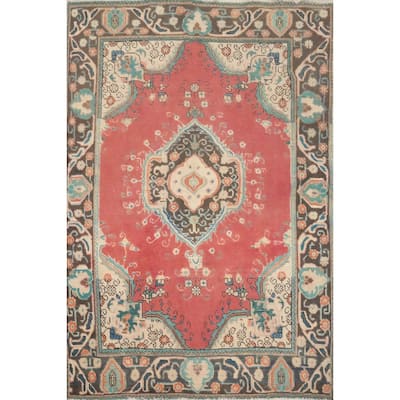 Hand Knotted Oriental 100% Wool Carpet Traditional Medallion Pink Tabriz Area Rug - 5' 9'' X 4' 3''