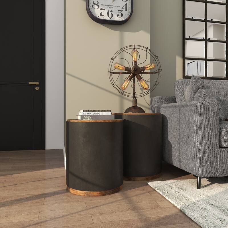 Metal Side End Accent Table with Brown Wood Top - Set of 2 Black - Roche River Decor