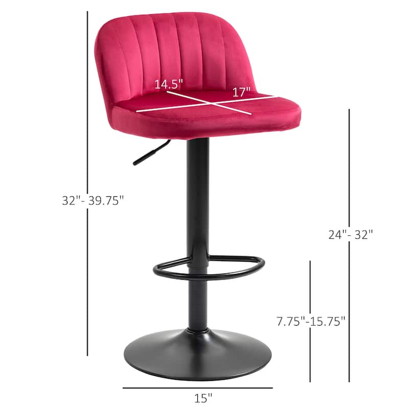 HOMCOM Adjustable Bar Stools Set of 2, Velvet Counter Height Barstool, Upholstered Kitchen Stool with Swivel Seat, Steel Frame