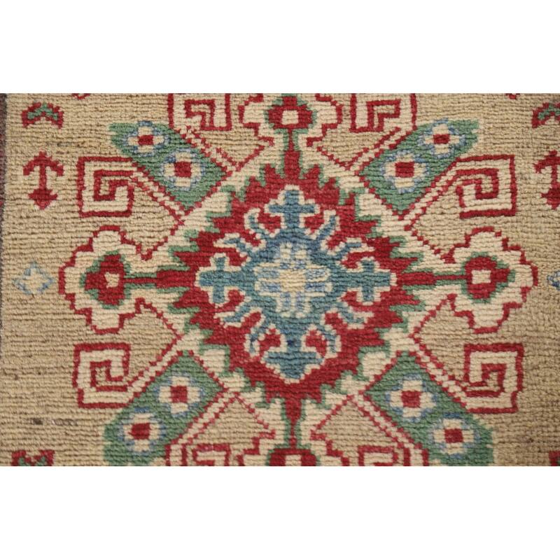 Hand Knotted Oriental 100% Wool Carpet Traditional Geometric Beige & Ivories Kazak Runner Rug - 12' 8'' X 2' 10''