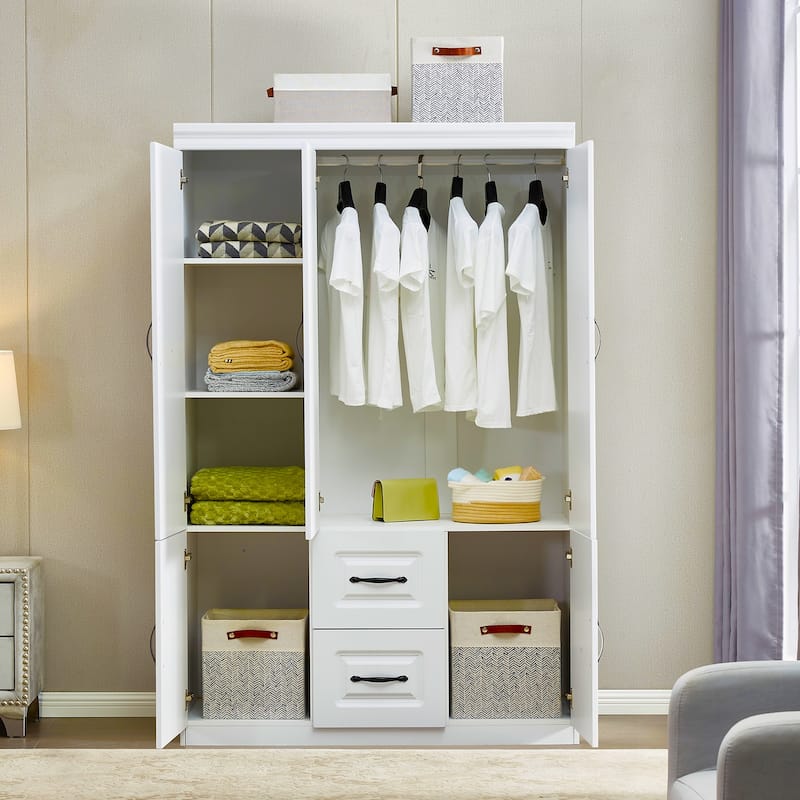 4 Door Armoire Wardrobe Closet with Drawer and Hanging Rod, Wooden Black Bedroom Armoire Closet, 70.87" H x 61.42" W x 20.47" D