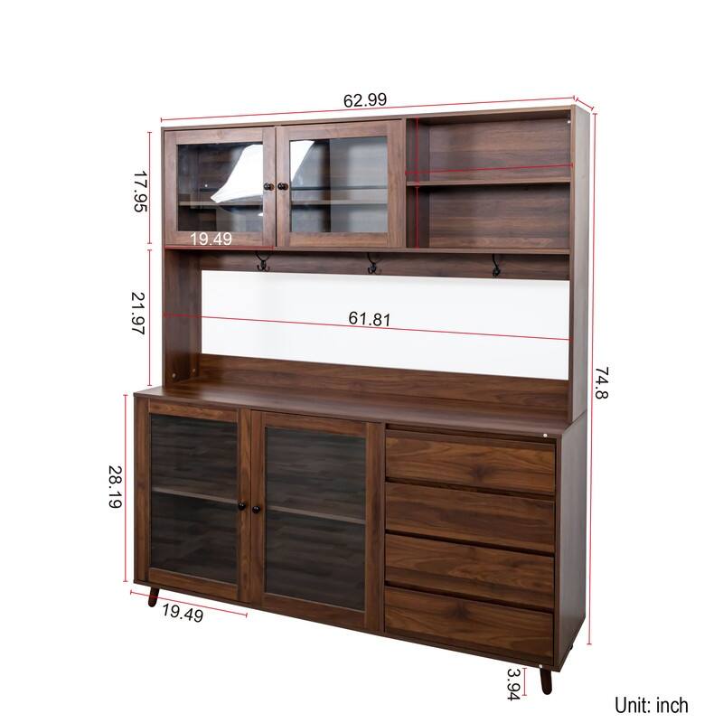 63" Large Kitchen Hutch Cabinet with 4 Doors & 4 Drawers