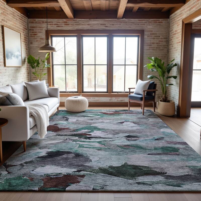 Premium Washable Super Soft Brushstrokes Abstract Mayfield Rug - Teal - 3' x 5'