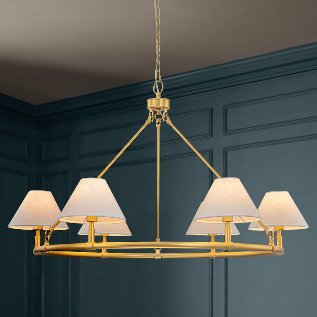 6-Light Modern Farmhouse Fabric Gold Wagon Wheel Chandelier for Dining Room - 39.3 in. W x 25.2 in. H