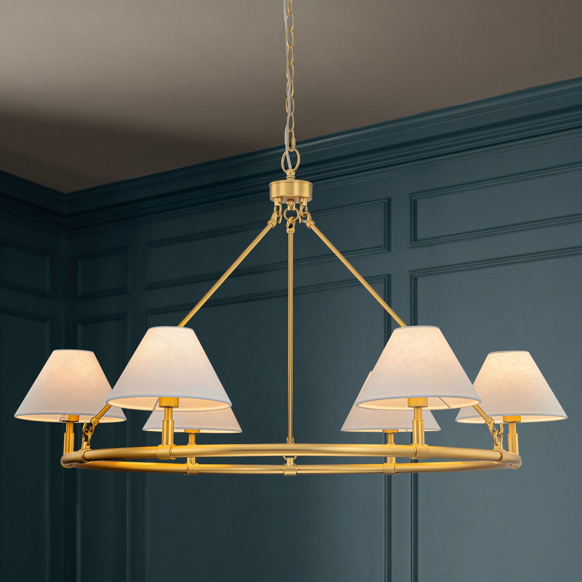 Rennnsan 6-Light Farmhouse Modern Gold Fabric Wagon Wheel Chandelier for Dining Room and Living Room - 39.3 in. W x 25.2 in. H
