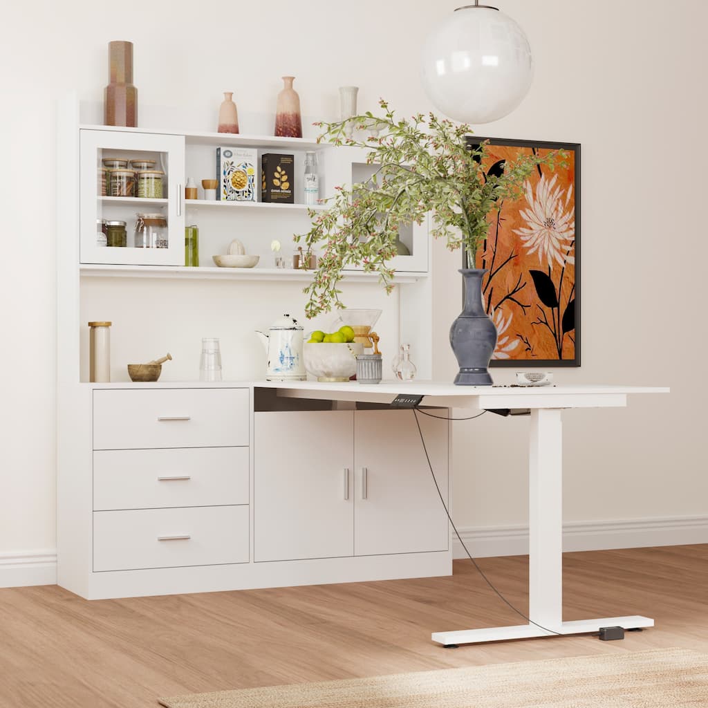 Electric Height Adjustable Standing Desk with Storage Hutch, 68.5” White Home Office Desk with Drawers and Cabinets