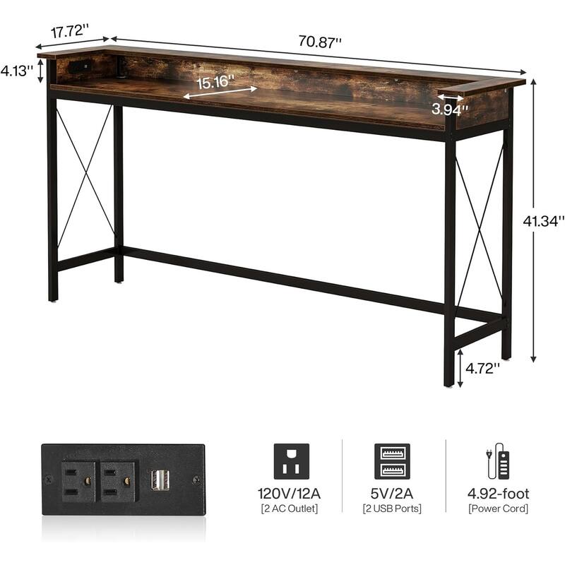 70.9" Extra Long Console Table with Power Outlets & USB Ports, Narrow Sofa Table Behind Couch, with Charging Station