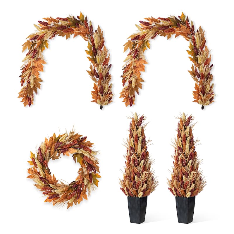 Glitzhome 5-Piece Fall Multi-Colored Sorghum Sunflower Pumpkin Wreath & Garland & Porch Tree Set