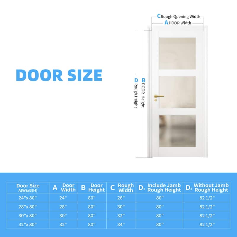 30" X 80" 3-Lite French Interior Tempered Frosted Glass Door Slab for Pantry Doors, Pocket Doors, Solid Core Interior Door