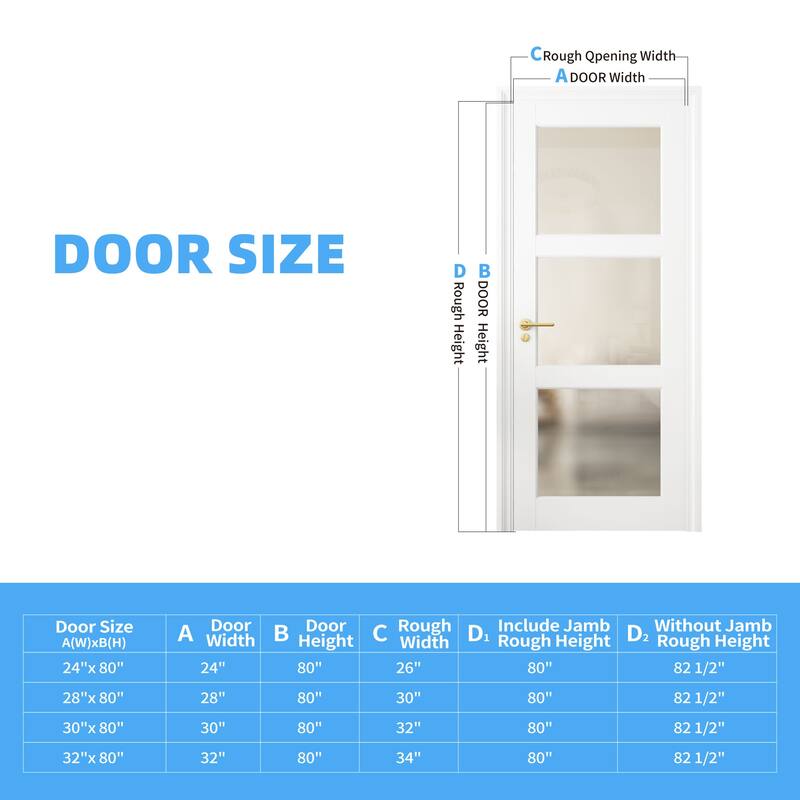 32" X 80"3-Lite French Interior Tempered Frosted Glass Door Slab for Pantry Doors, Solid Core Interior Door Hardware Kit