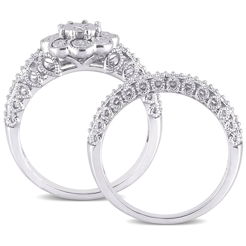 Miadora Sterling Silver 1/6ct TDW Diamond Floral Vintage Bridal Ring Set