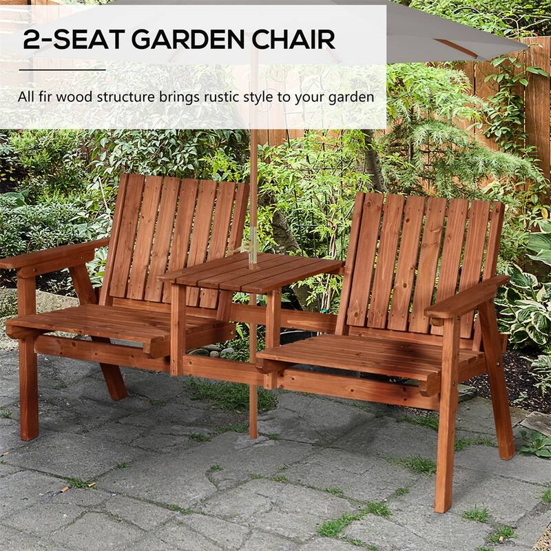 Fir Wood Outdoor Bench Set with Two Chairs and Coffee Table Slatted Design - 59.75" L x 27.5" W x 32.75" H