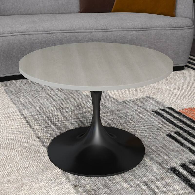 Verve Modern Round Accent Coffee Table with Solid Wood Top and Black Steel Pedestal Base for Living & Bedroom