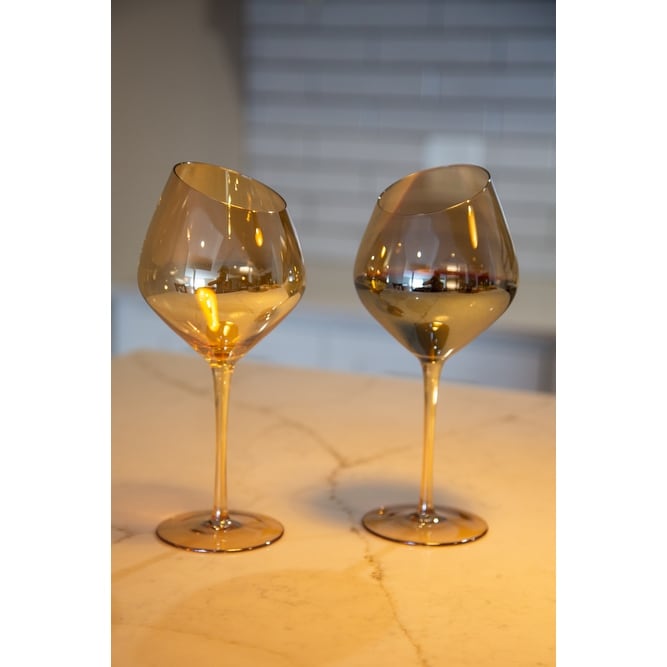 Vintage Amber Wine Glasses Set of 2 16.5 Oz - Unique Stem Slanted Wine  Glasses B