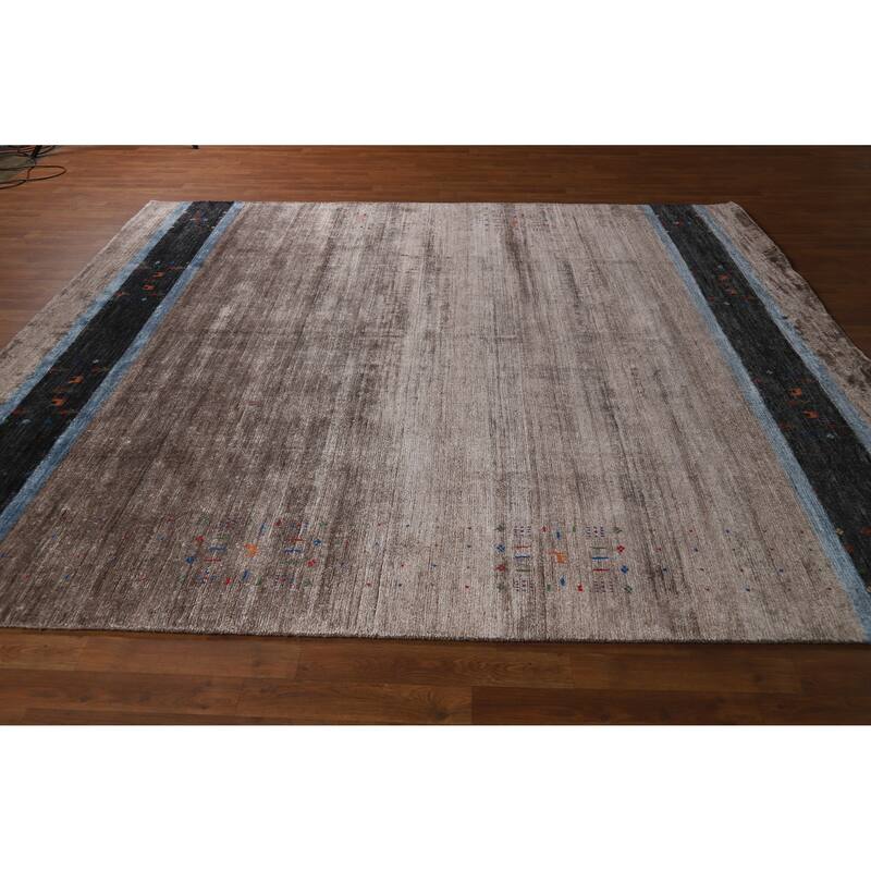 Hand Knotted Oriental Viscose Silk Carpet Tribal Stripe Greys & Charcoal Gabbeh Area Rug - 9' 7'' X 8' 5''