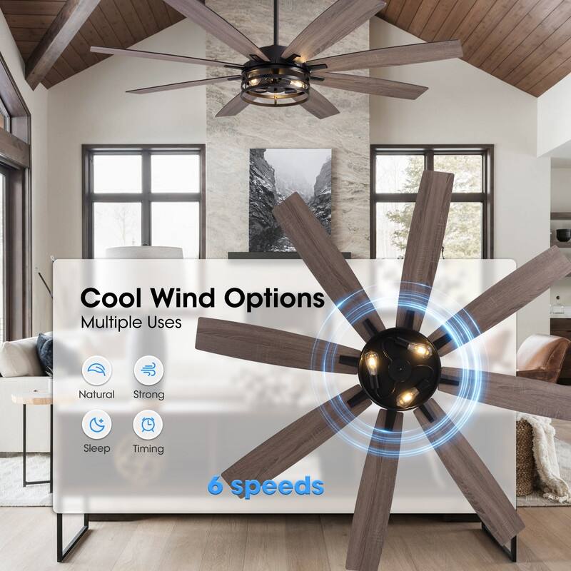 72 inch Large Ceiling Fans with Lights and Remote, Indoor/Outdoor Black Modern Ceiling Fan for Kitchen Living Room - 72 inch