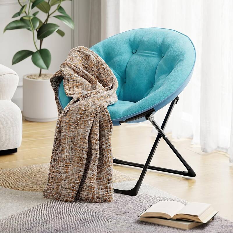 Comfy Folding Saucer Chair for Bedroom, Faux Fur Lounge Moon Chair with Sturdy Metal Frame, Oversized Plush Flower