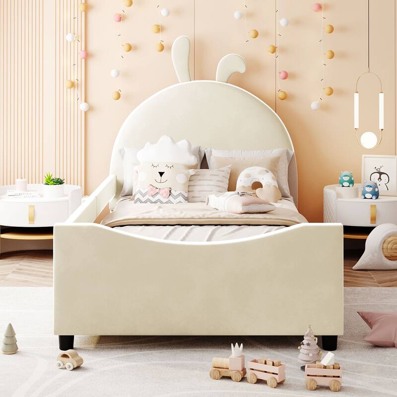 Playful Twin Daybed with Rabbit Ear Headboard, Velvet Upholstery, and Sturdy Wood Frame for Kids' Rooms