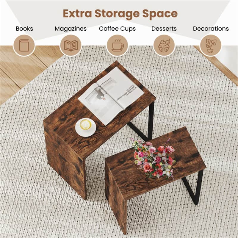 Rustic Brown-Black Metal and Engineered Wood Nesting End Tables Set - Large Table: 20" x 12" x 21"