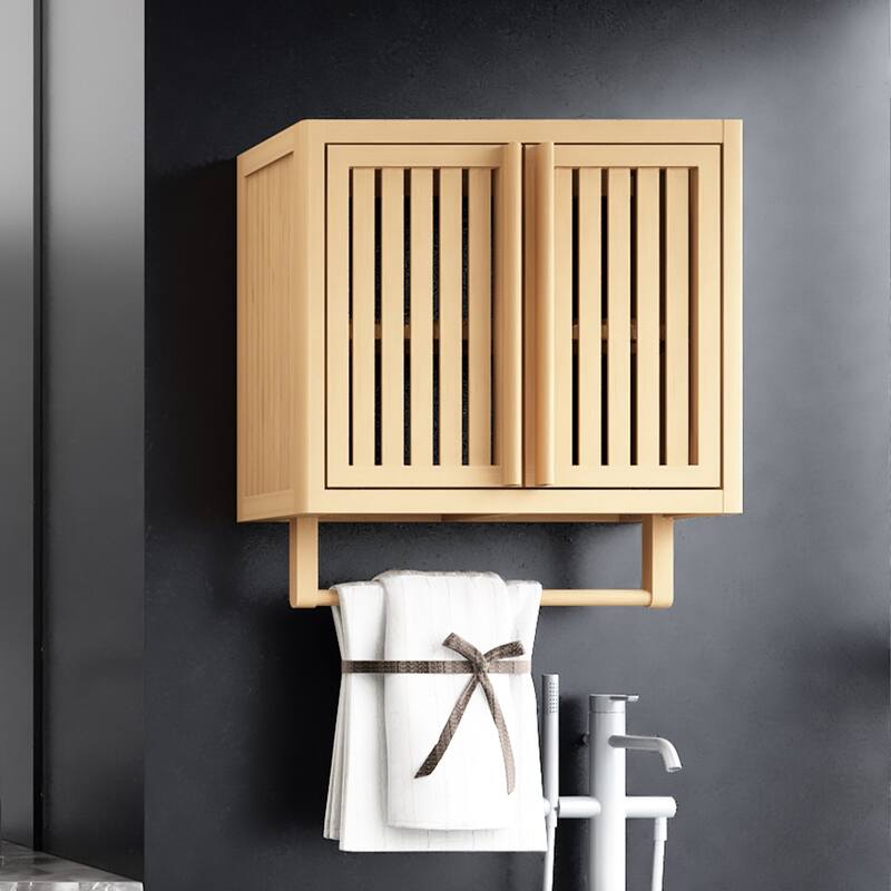 22" Tall Wood 2-door Bathroom Wall Mounted Toilet Storage box in Neutral with Shelf