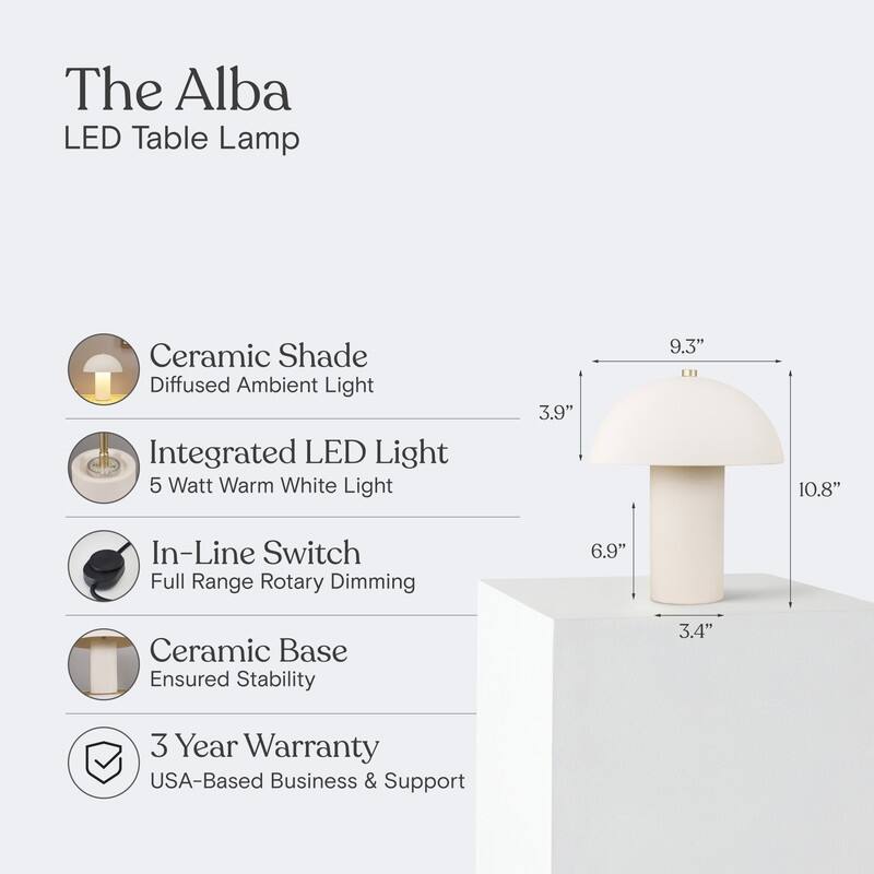 Brightech Alba LED Off-White Cream Ceramic Midcentury Round Dome Dimmable Bedside Nightstand Desk Lamp