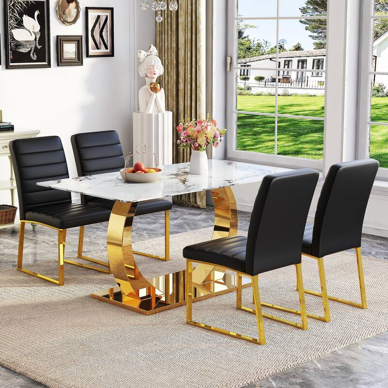5-Piece Marble Pattern Tempered Glass Dining Set, 63-Inch Table with 4 Minimalist Chairs, Modern Style