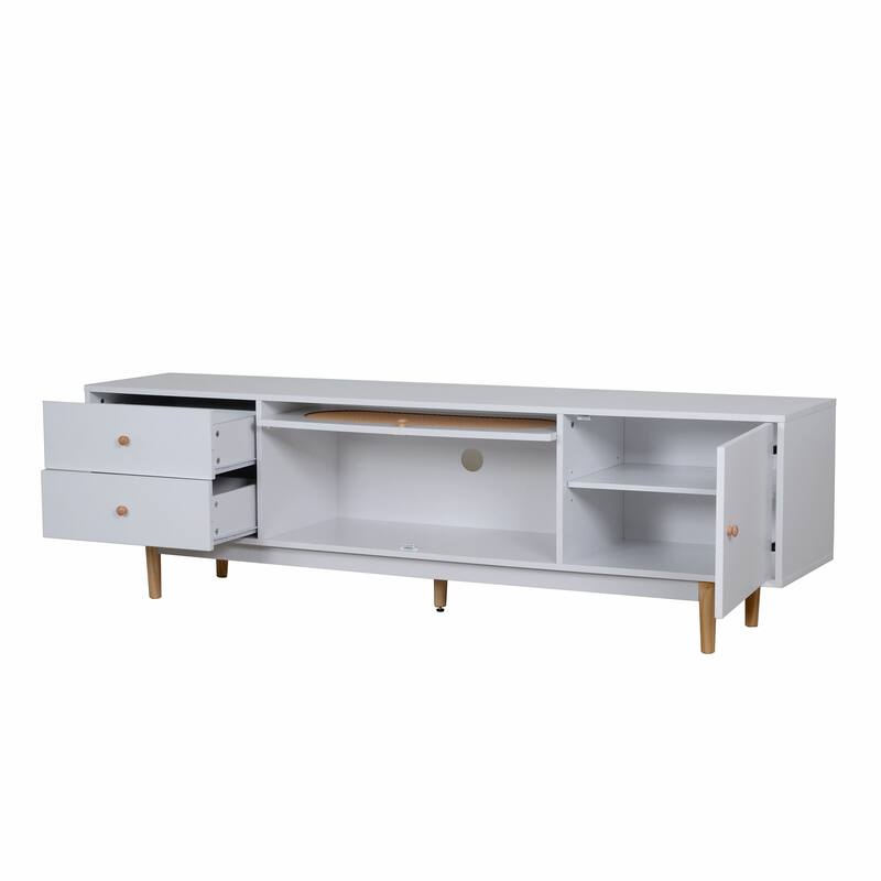 Modern White TV Stand Entertainment Center for TVs up to 80 Inch, Classical Rattan Media Cabinet TV Console Table with Drawers