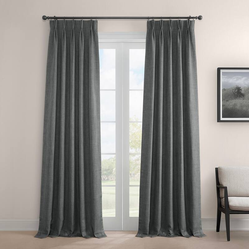 Exclusive Fabrics French Pleated Textured Faux Linen Room Darkening Curtains for Bedroom & Living Room Curtains Single Panel - 25 X 96 - Dark Gravel
