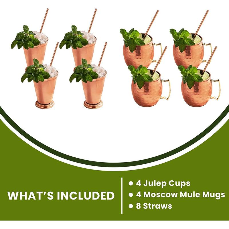 Mint Julep Cups and Moscow Mule Bundle Gift Set Copper and Stainless Steel - 16 Piece Set