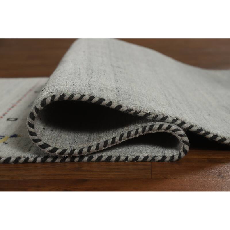 Grey Tribal Gabbeh Indian Runner Rug Hand-Knotted Wool Carpet - 2'4" x 9'8"