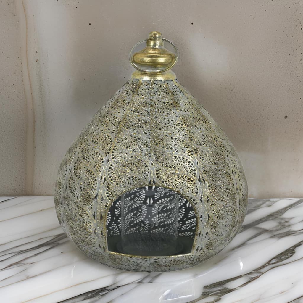 18 Inch Decorative Lantern, Embossed Design, Tear Drop Shape, Gold Metal