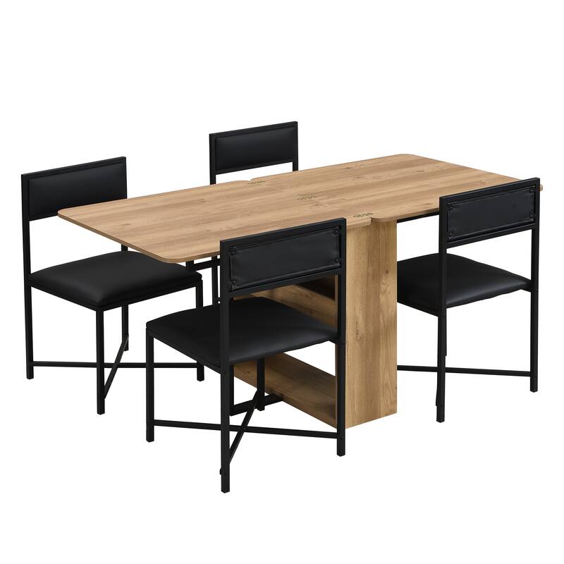 Roomfitters Modern 63" 5-Piece Extendable Dining Table Set with Storage Rack, Foldable Square Table and 4 PU Chairs