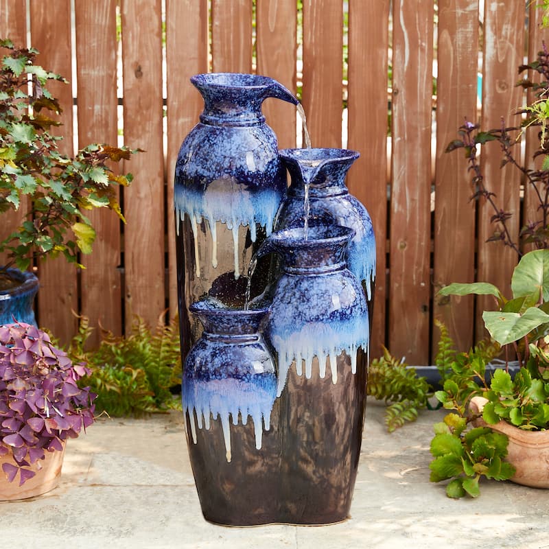 Glitzhome 27"H/35"H 3-Tier or 4-Tier Embossed Pattern LED Ceramic Pots Fountain - Blue - 30.75"H