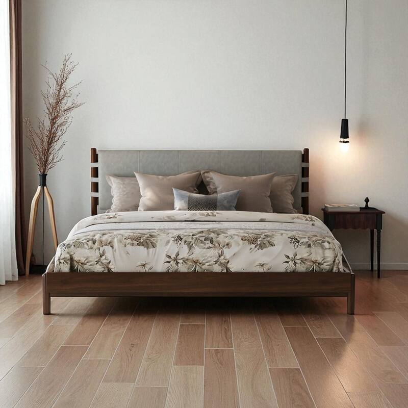 Mid Century Modern Queen/King Rubber Wood Platform Bed Frame with Headboard, Solid Wood Bed No Box Spring Needed - Walnut Gray - King