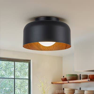 Modern Farmhouse 1-Light Dome Flush Mount Ceiling Light with Opal Glass - Black