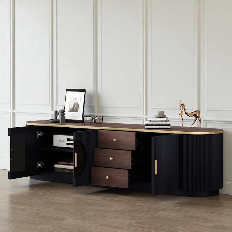 70.8'' Modern TV Stand for TVs up to 80'', Entertainment Center with 3 Drawers, 2 Cabinets & Glass Doors for Living Room