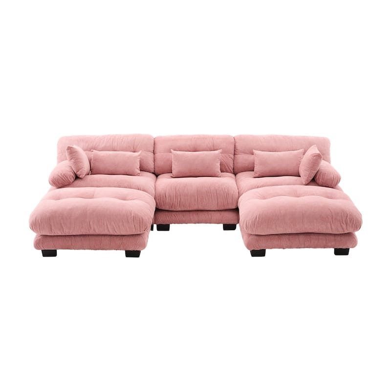 Pelletized Velvet U-shaped Sectional Sofa Modular Chaise Lounge Couch with 2 Ottomans, Deep Seat, Bolster Arms and Pillows