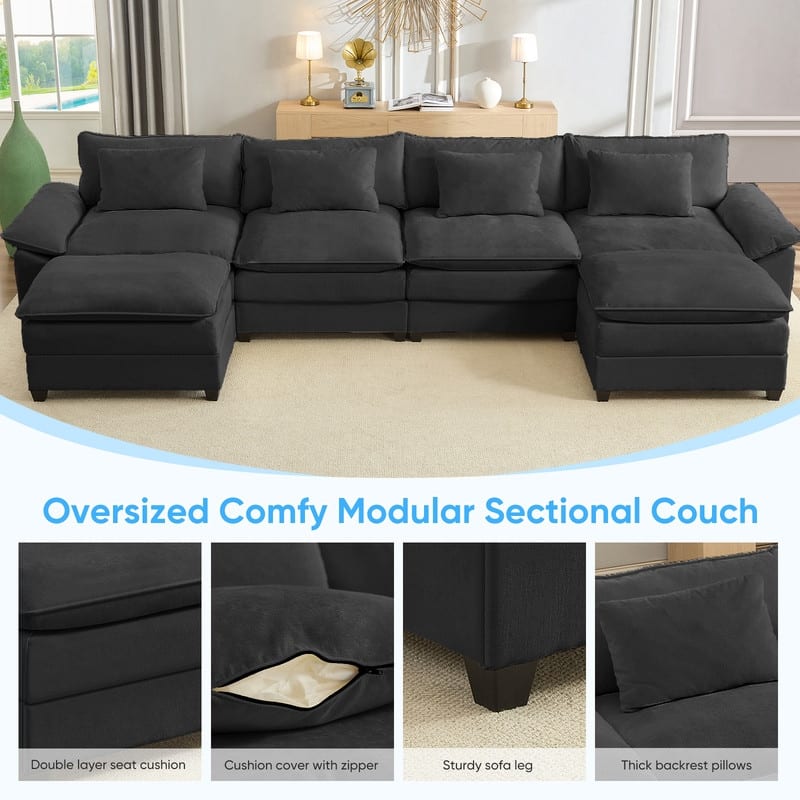 Modern 156''Oversized U-Shaped Modular Sectional Sofa with 2 Ottomans,6-Seat Cloud Couch,Chenille Sofa Sleeper Deep Seat Couches
