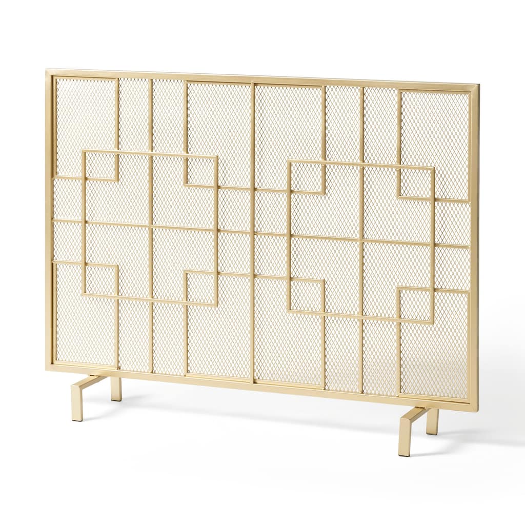31x41 Fireplace Screen, Overlapping Square Design, Classic Gold Iron