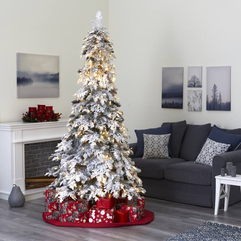 8Ft Artificial Christmas Tree with Lights & Pinecones - Holiday Decor, Winter Tree, Festive Spruce, 96" Tall - White - 96