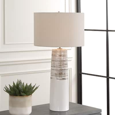 Glazed and Ribbed Table Lamp with Drum Shade - 29.5" - White and Beige
