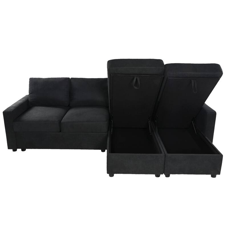 103.9" Convertible U-shaped Sofa with 2 Storage Chaise Lounges, 4 USB Ports, Black Polyester