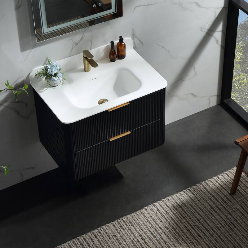 Modland Fluted Floating Vanity with Sink, Plywood Wall Mount Cabinet, Curved Edge, 24/30/36 Inch