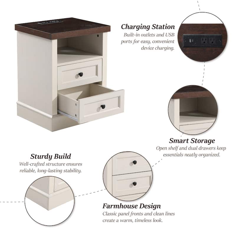 COZAYH Farmhouse Nightstand with Charging Station, Vintage Bedside Table Featuring Outlet & USB Ports, 2 Drawers and Open Shelf