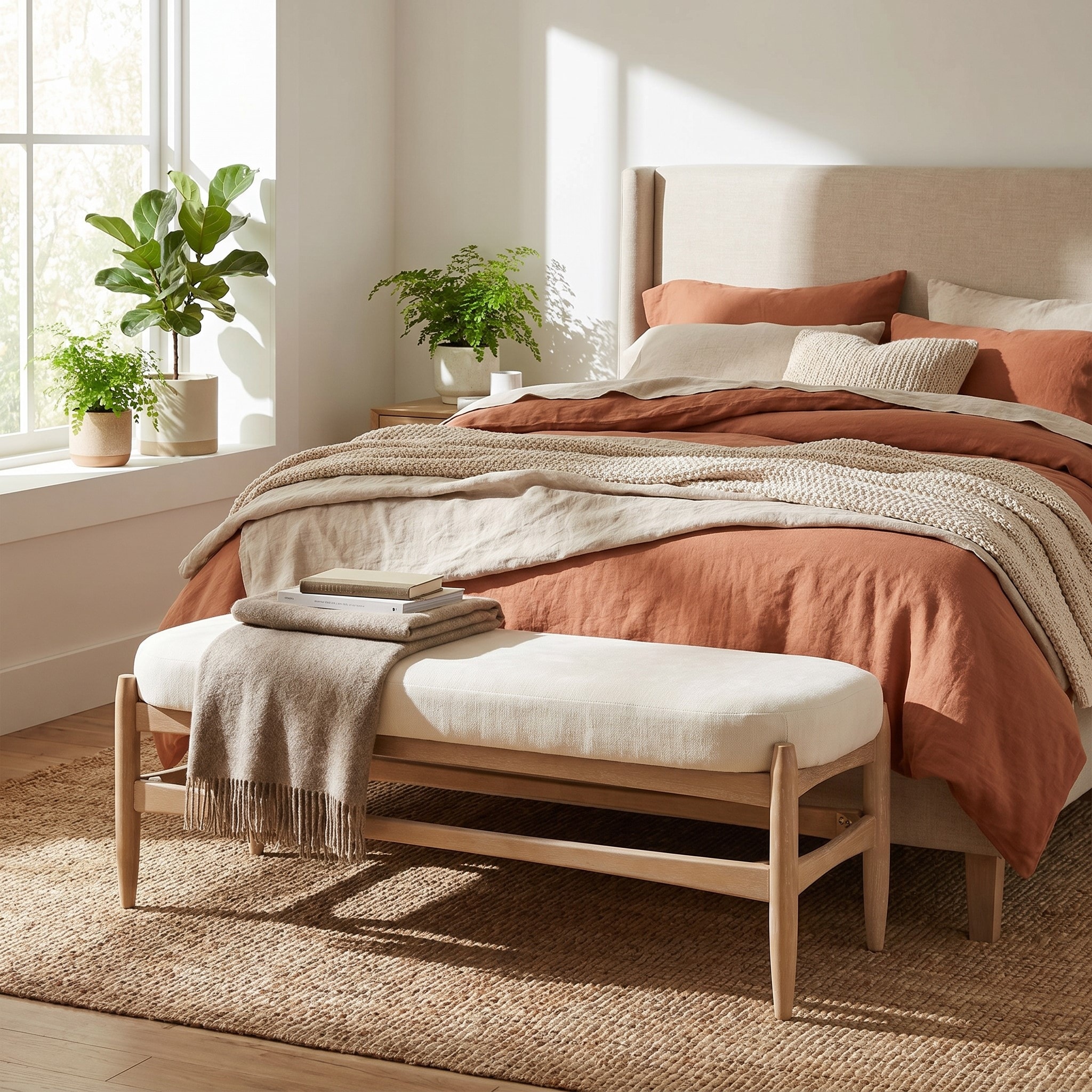 Christopher Knight Home - Ian Scandinavian Indoor Bench, Chenille Upholstered with Wood Legs for Bedroom Entryway & Living Room