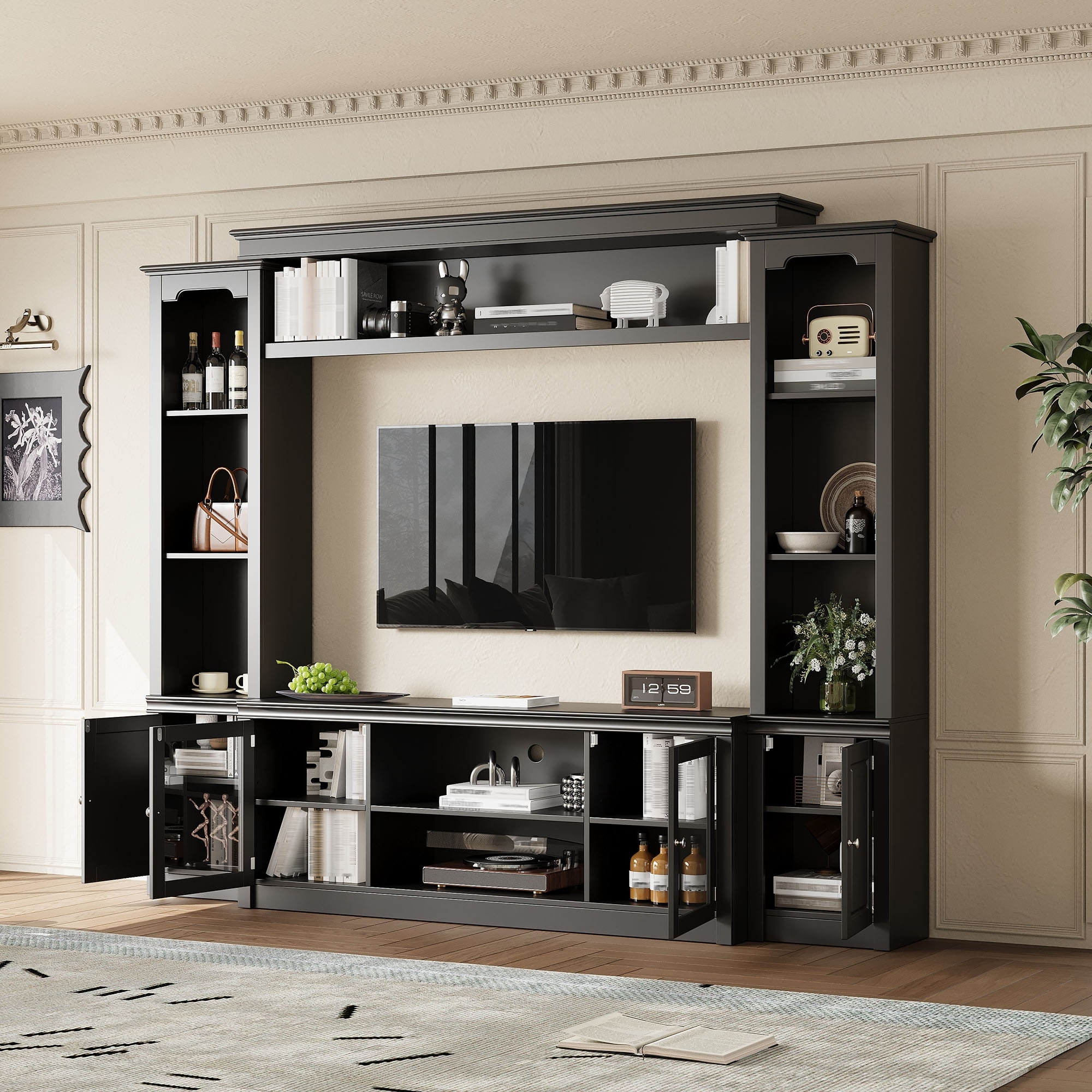 Modern Entertainment Center with 4 Adjustable Shelves & Doors, All-in-One TV Stand with Bookcase for TVs Up to 65"