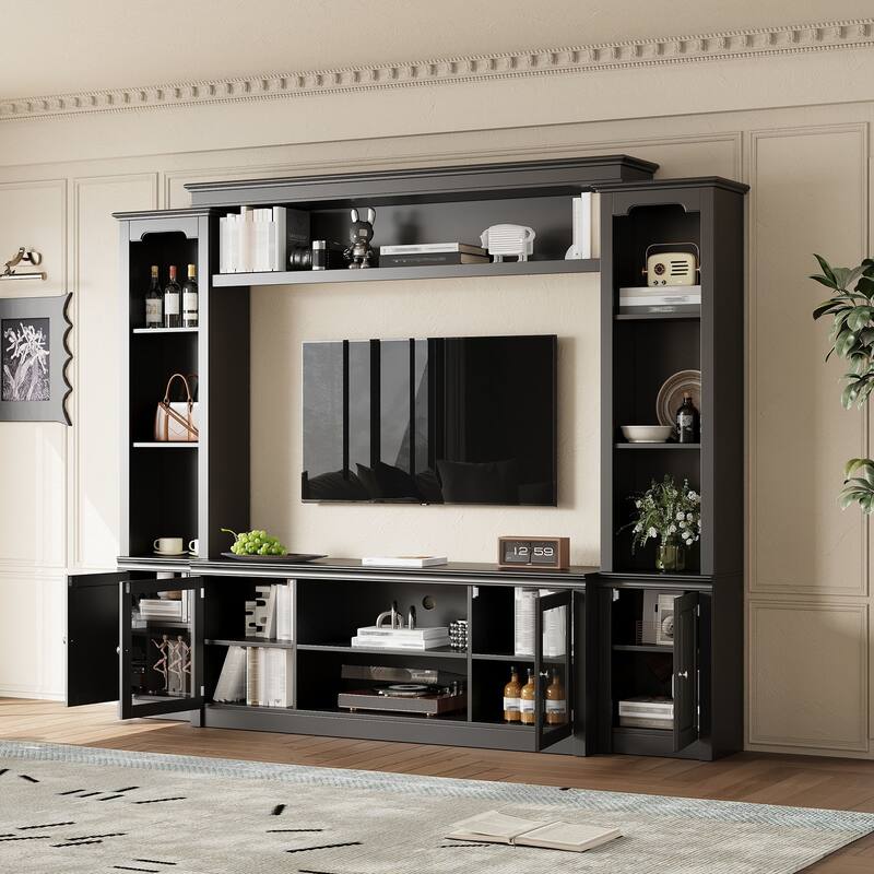 Modern Entertainment Center with 4 Adjustable Shelves & Doors, All-in-One TV Stand with Bookcase for TVs Up to 65" - Black