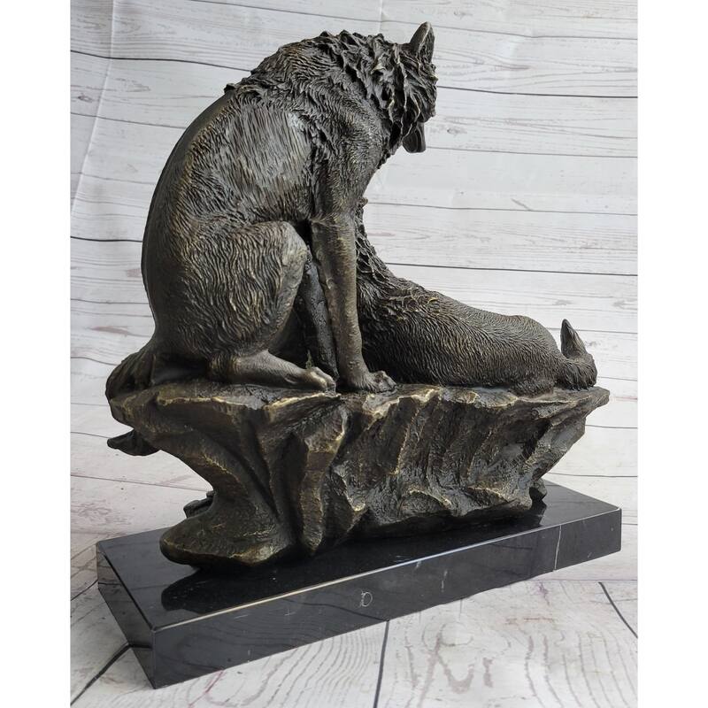 Two Wolves Wolf Family Bronze Metal Sculpture Statue On Marble Base 14 Inches X 14 Inches