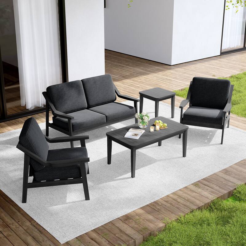 Outdoor Conversation Set Patio Cushioned Chair, Loveseat with Tables - Dark Wood - Dark Grey